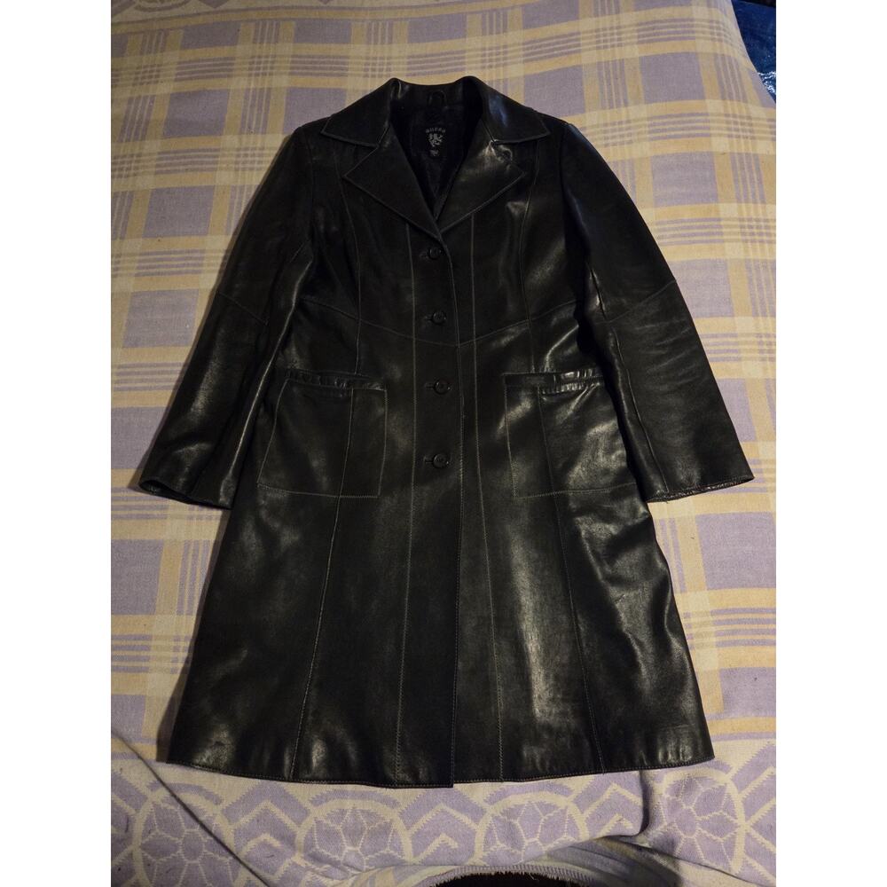 Vtg GUESS Leather Black Womens Long Trench Coat Jacket Contrast Stitch 90s Y2k